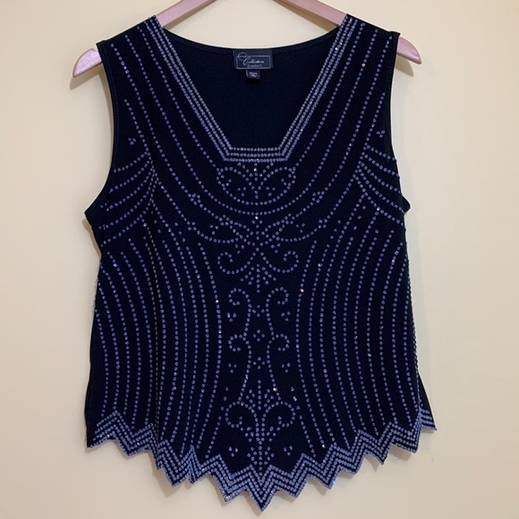 Collection Dress Barn | Beaded Sequin Black Sleeveless Pointed Scalloped Top XLP - Picture 1 of 17